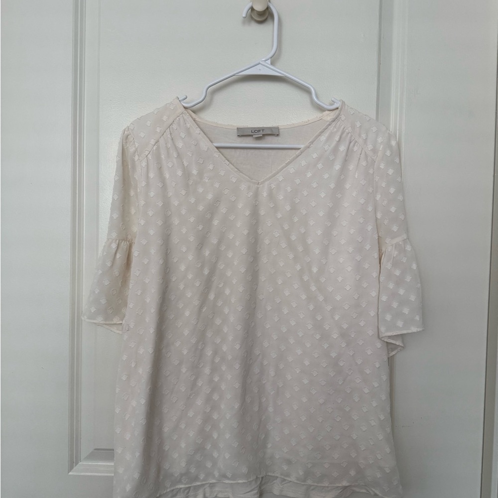 LOFT Ivory Textured Mixed-Media Short Sleeve Blouse
